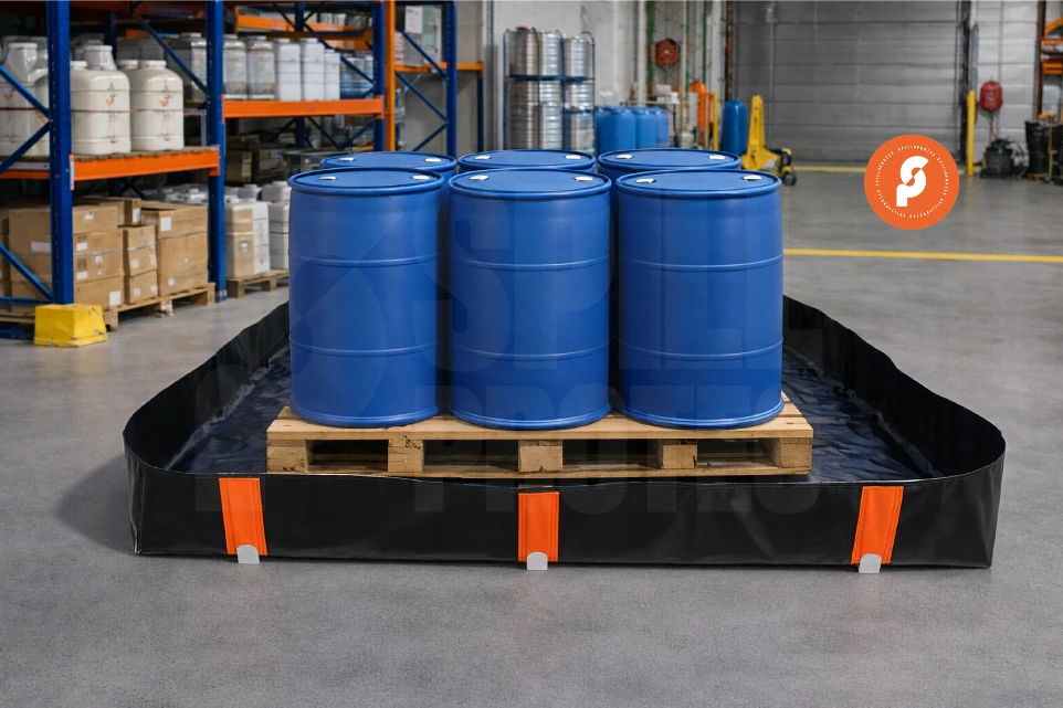 Batea contenedora industrial con soporte en L para control y contención de derrames